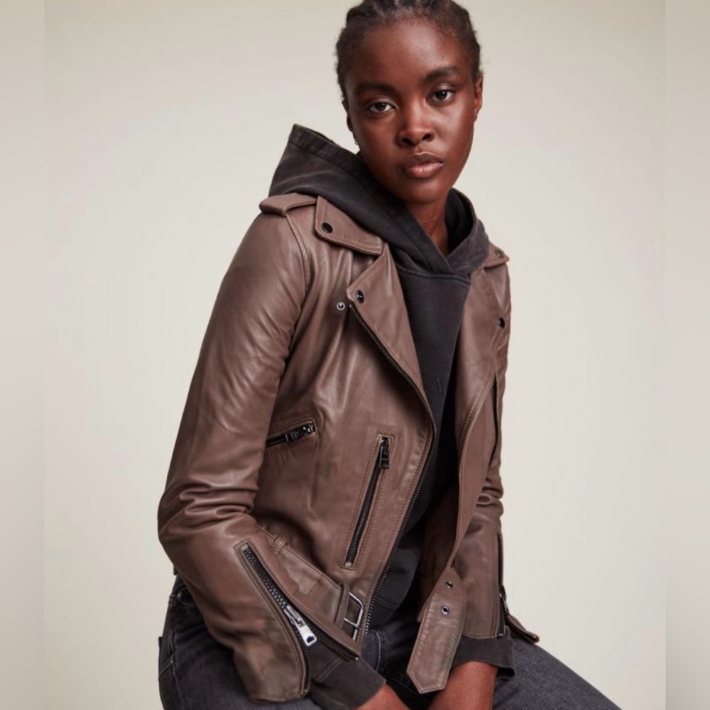 All Saints AllSaints Balfern Leather Moto Jacket Petrol - Picture 9 of 9